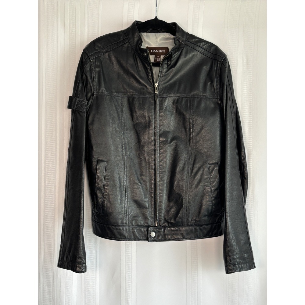 Danier Mens Black Leather Racer Jacket Style Size S